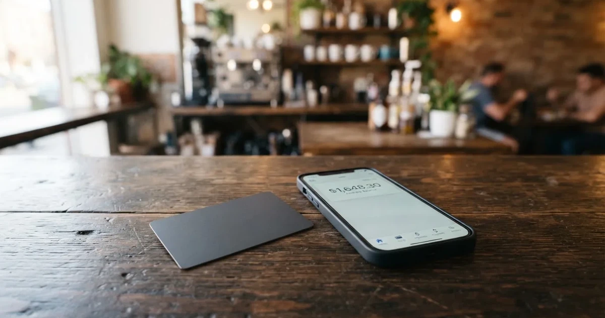 A payment card next to a phone with a crypto wallet app open