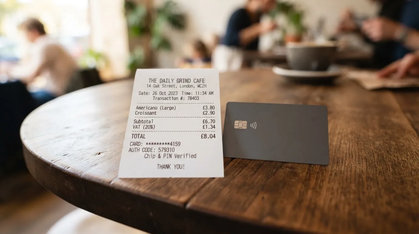 A receipt and a card on a café table