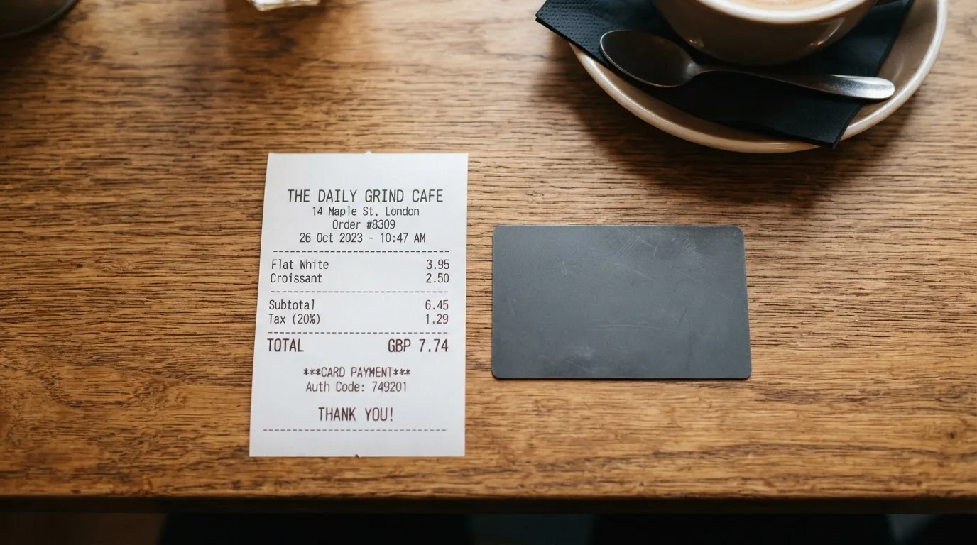 A receipt and a card on a café table