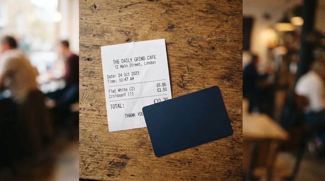A receipt and a card on a café table