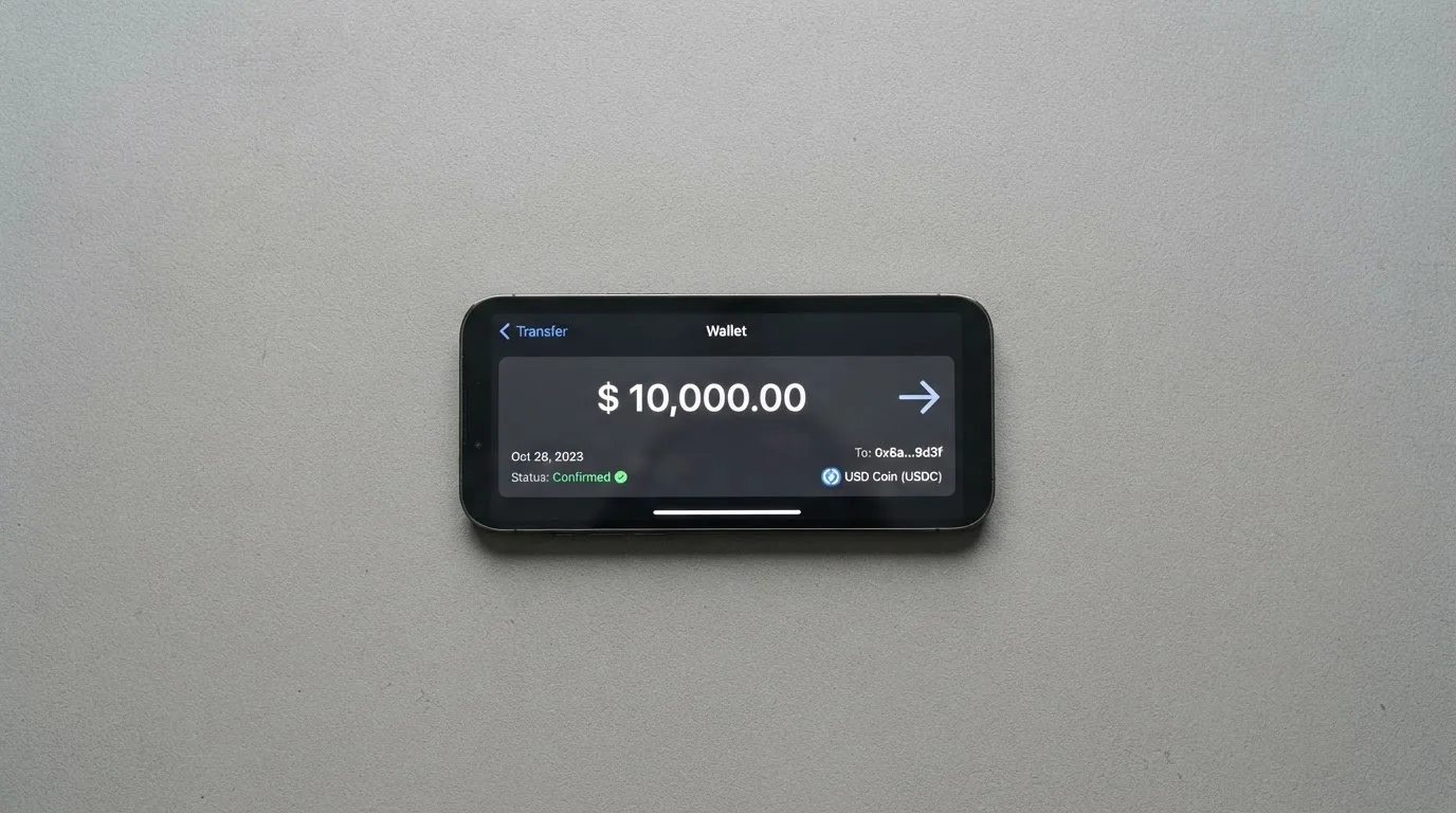 A phone showing a stablecoin transfer screen