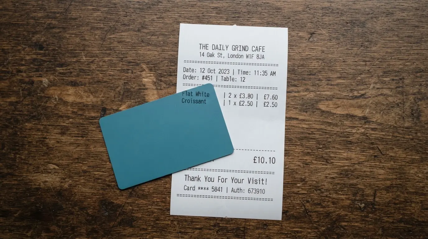 A receipt and a card on a café table