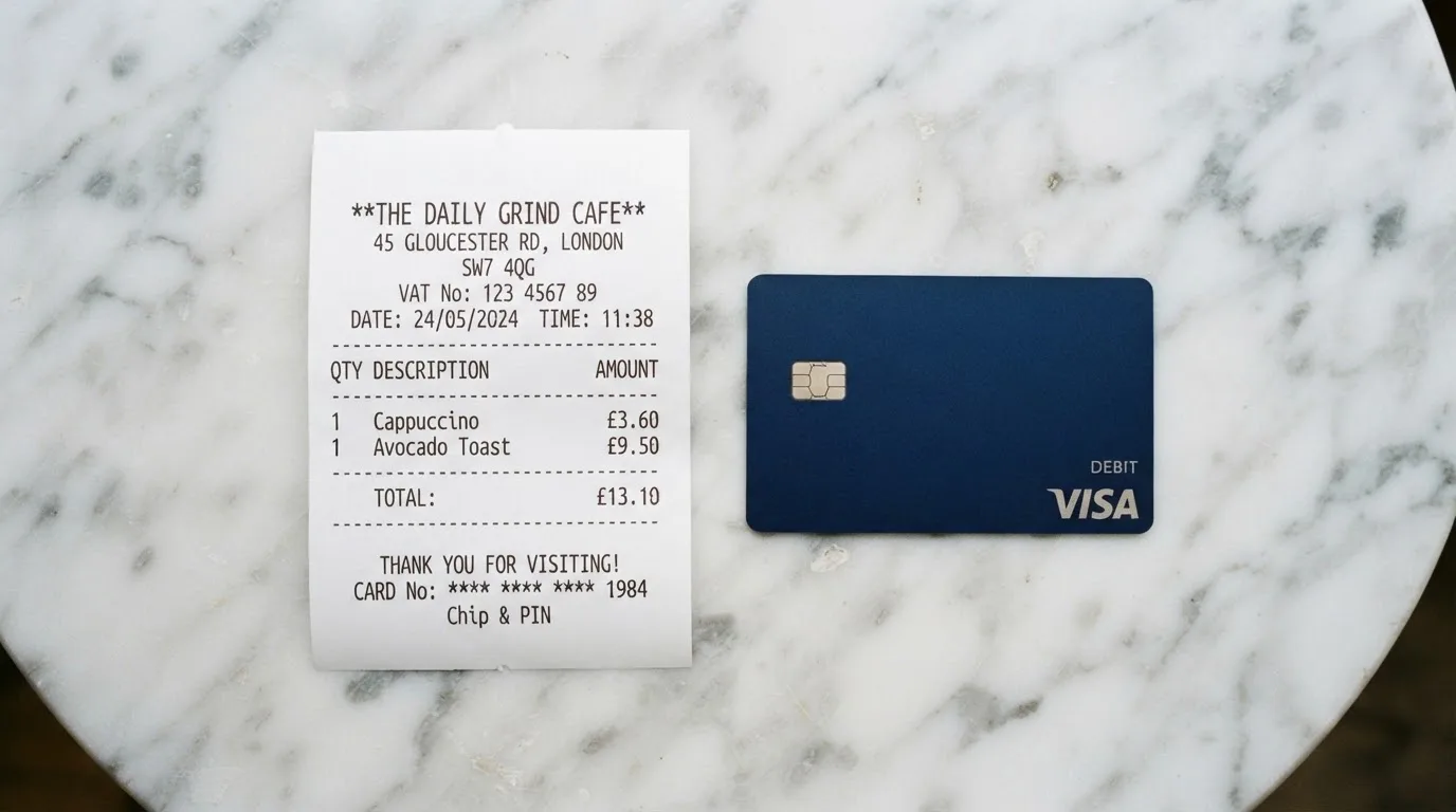A receipt and a card on a café table