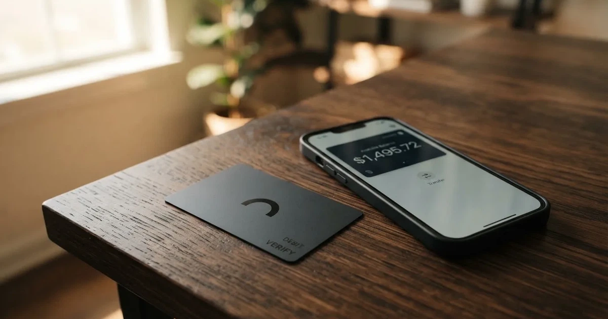 A payment card next to a phone with a crypto wallet app open