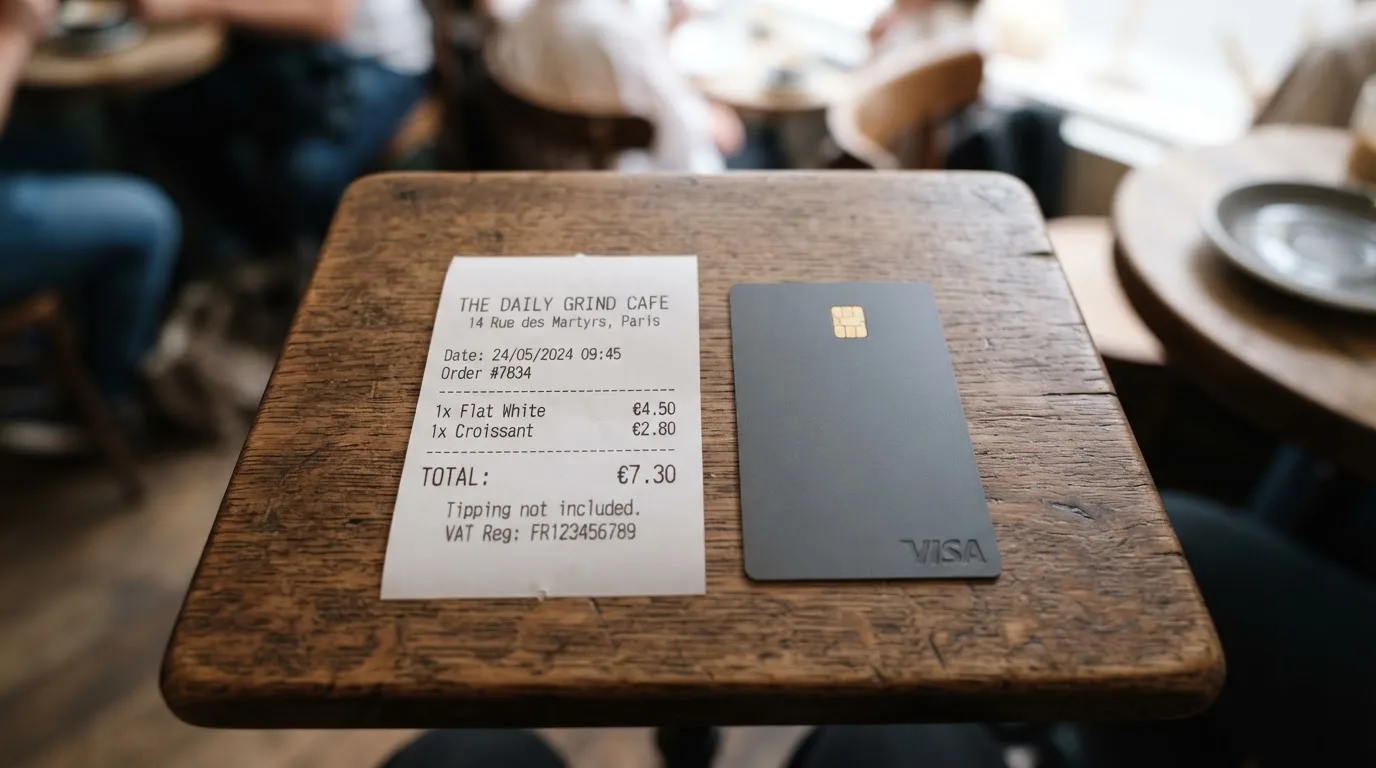 A receipt and a card on a café table