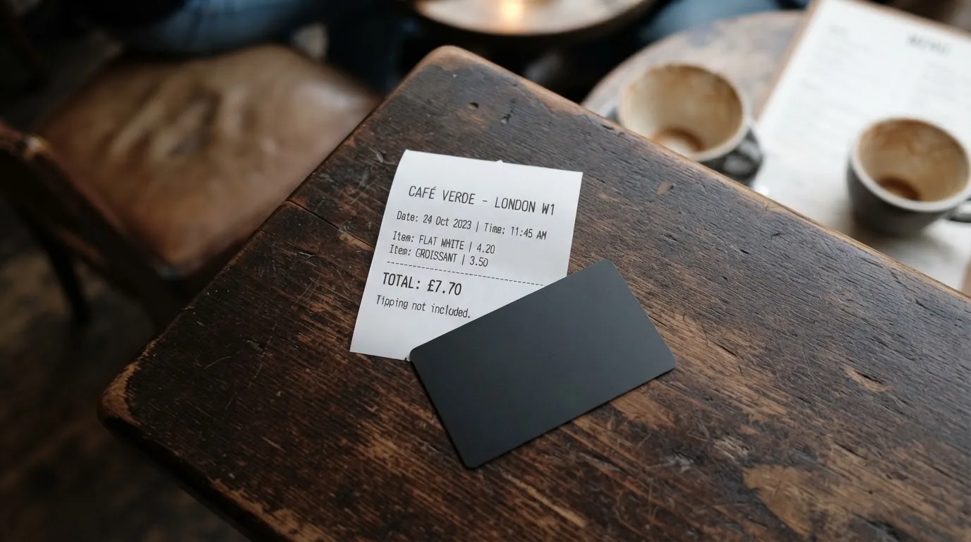 A receipt and a card on a café table