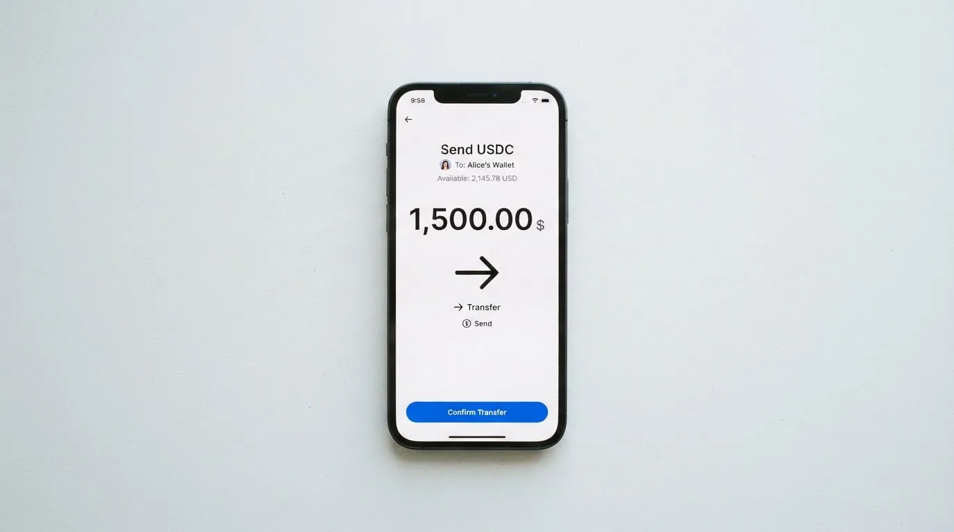 A phone showing a stablecoin transfer screen