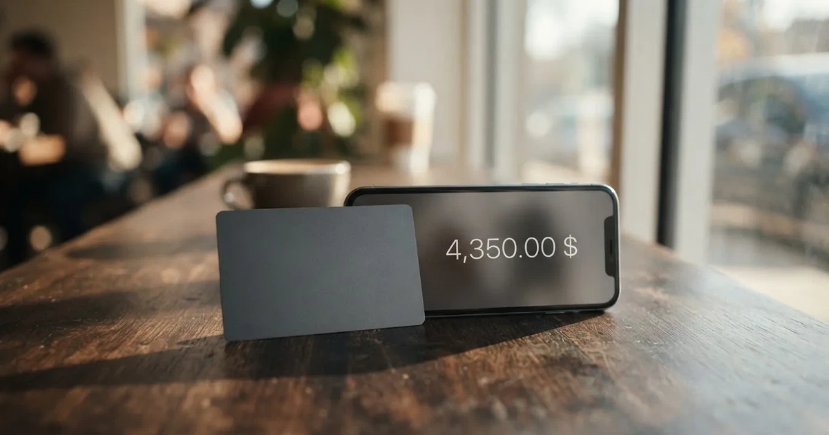A payment card next to a phone with a crypto wallet app open