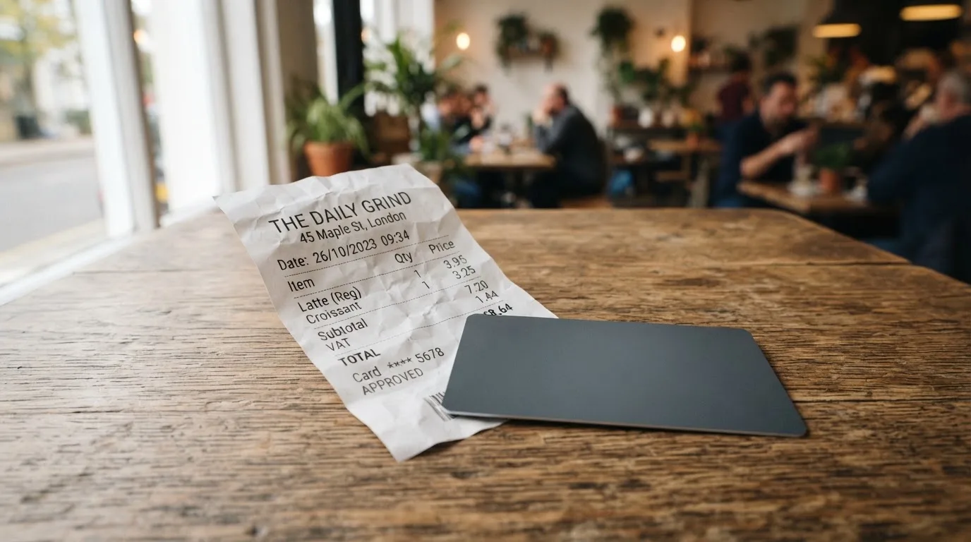 A receipt and a card on a café table