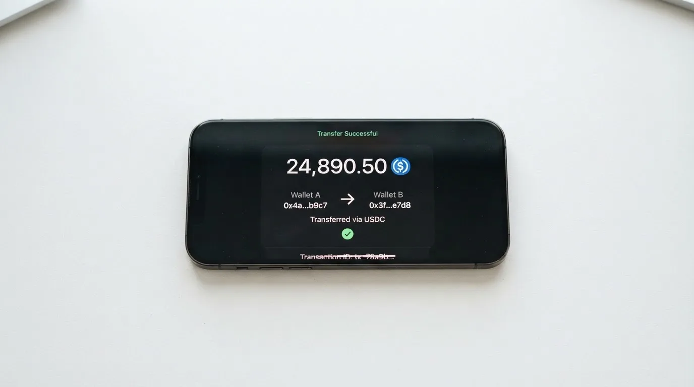 A phone showing a stablecoin transfer screen
