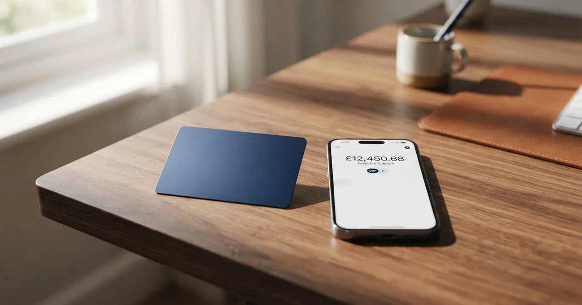 A payment card next to a phone with a crypto wallet app open