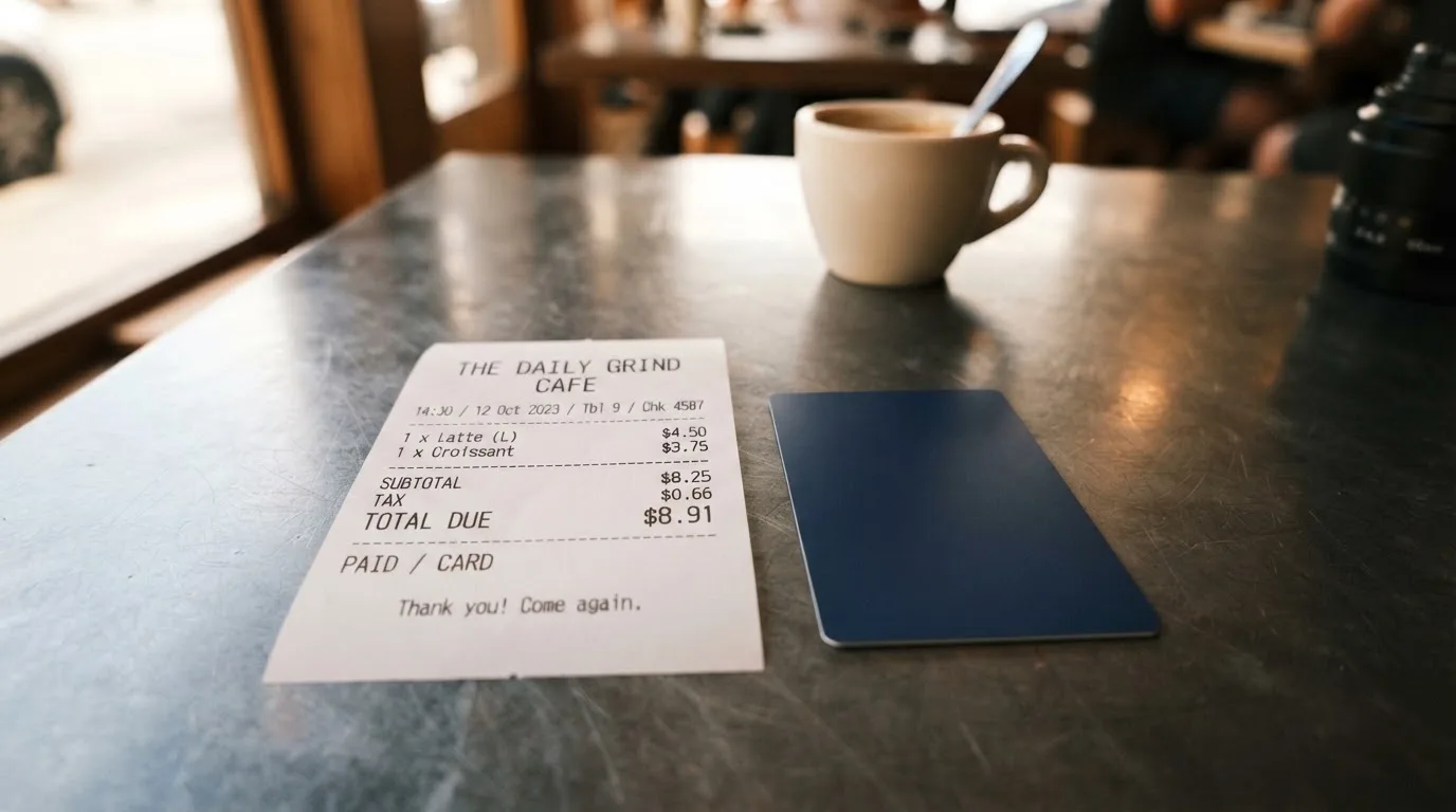 A receipt and a card on a café table