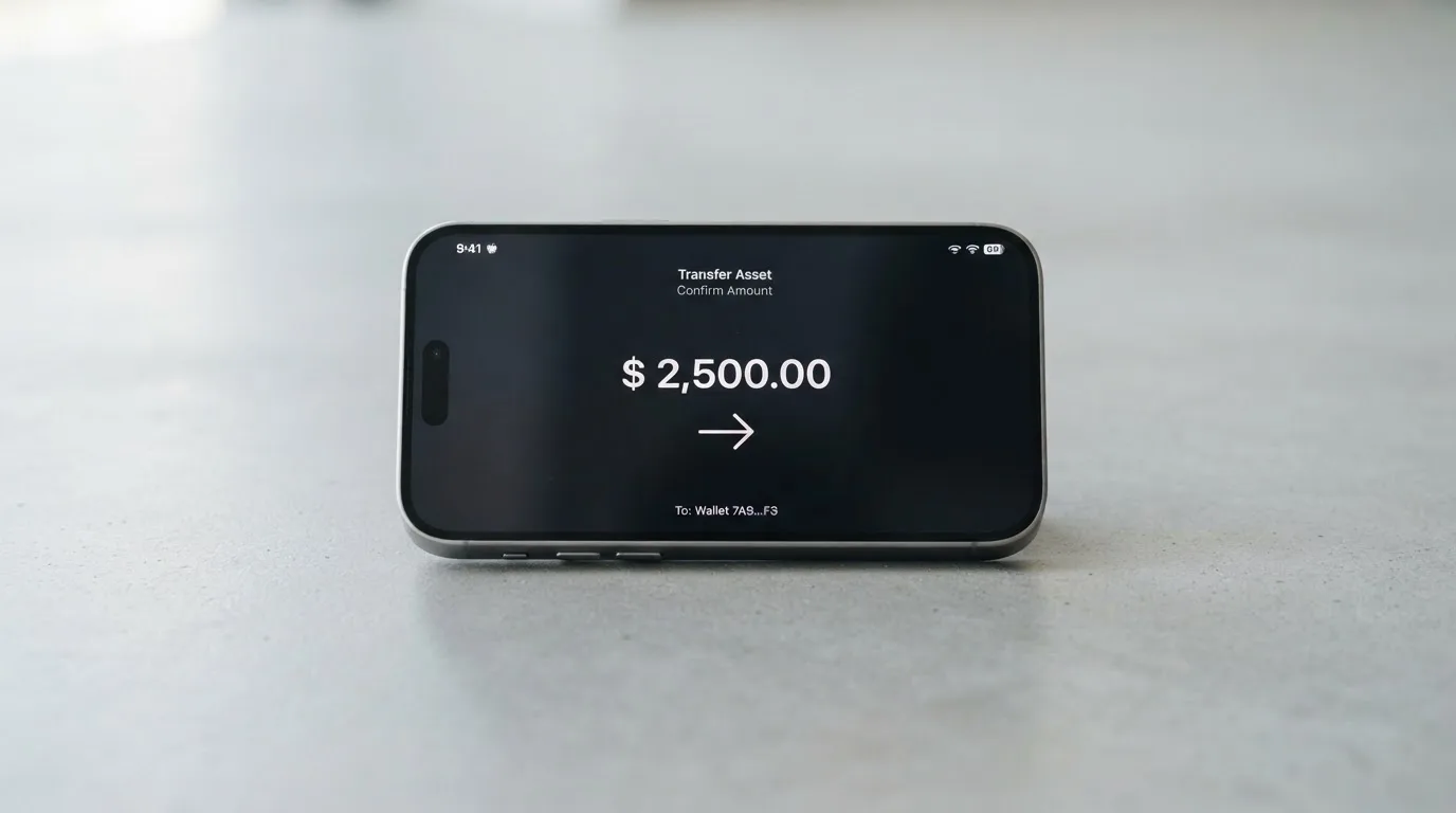 A phone showing a stablecoin transfer screen