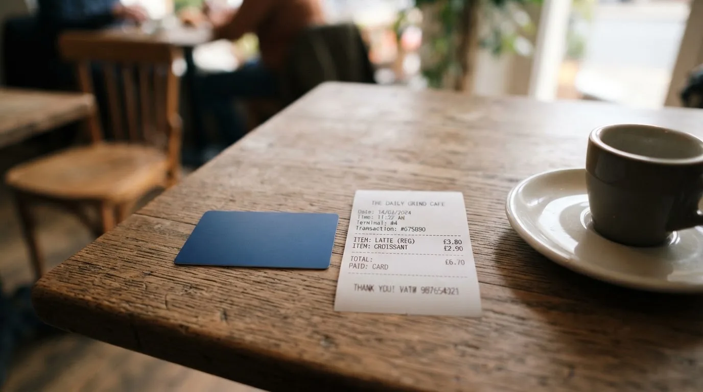 A receipt and a card on a café table
