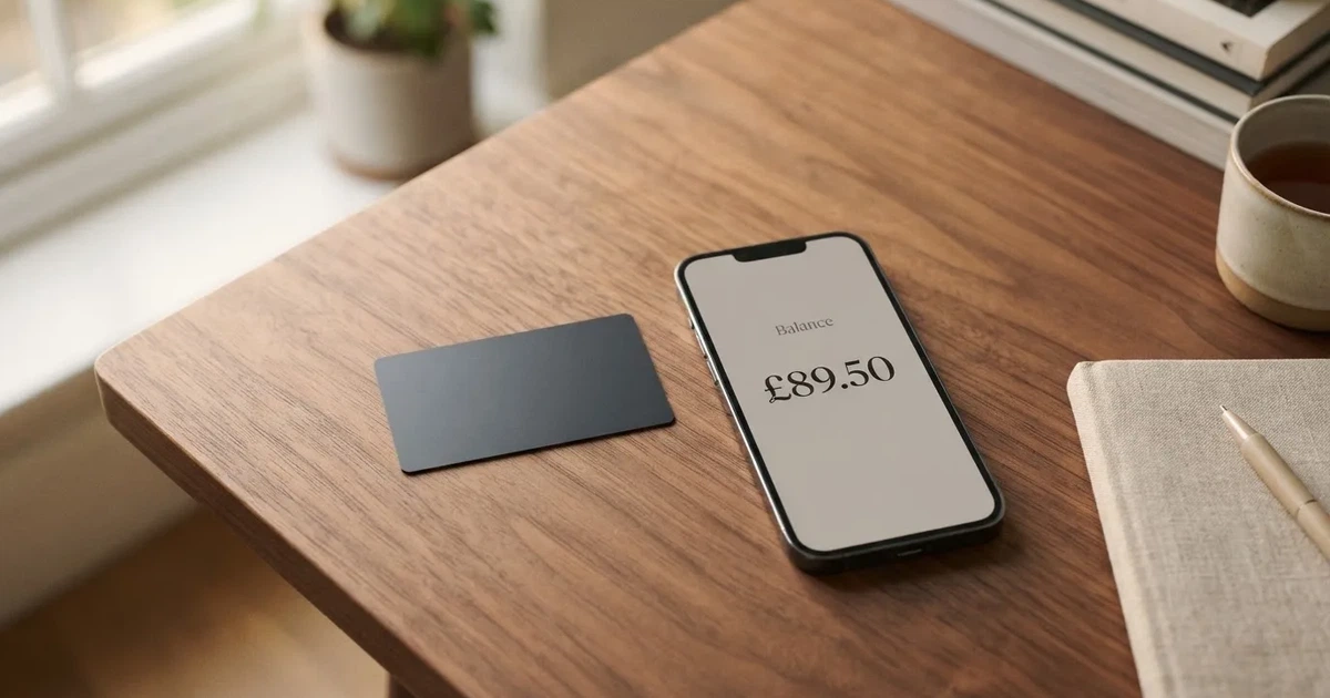 A payment card next to a phone with a crypto wallet app open