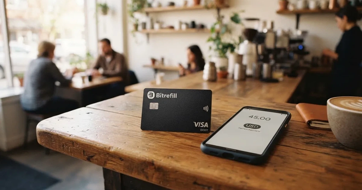 A payment card next to a phone with a crypto wallet app open