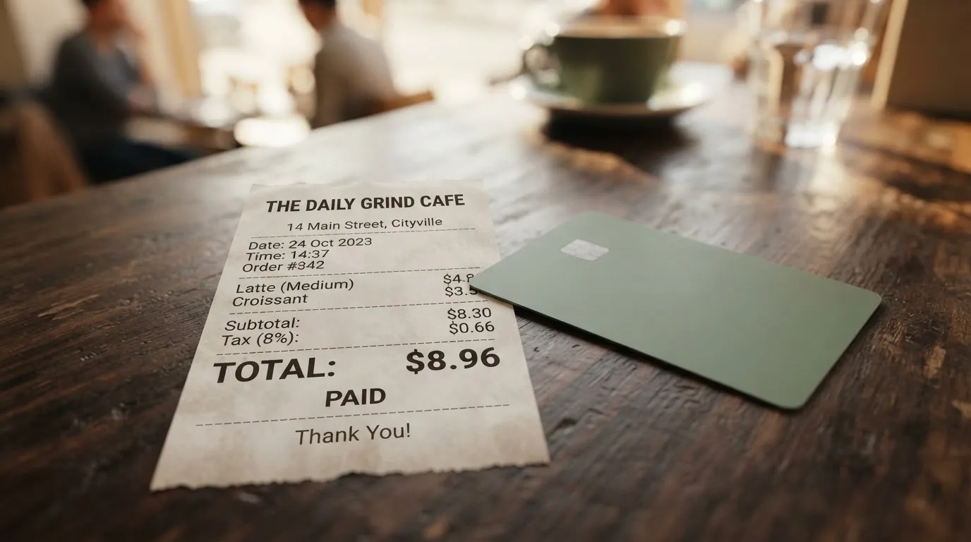 A receipt and a card on a café table