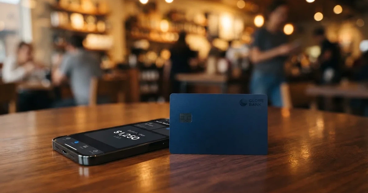 A payment card next to a phone with a crypto wallet app open