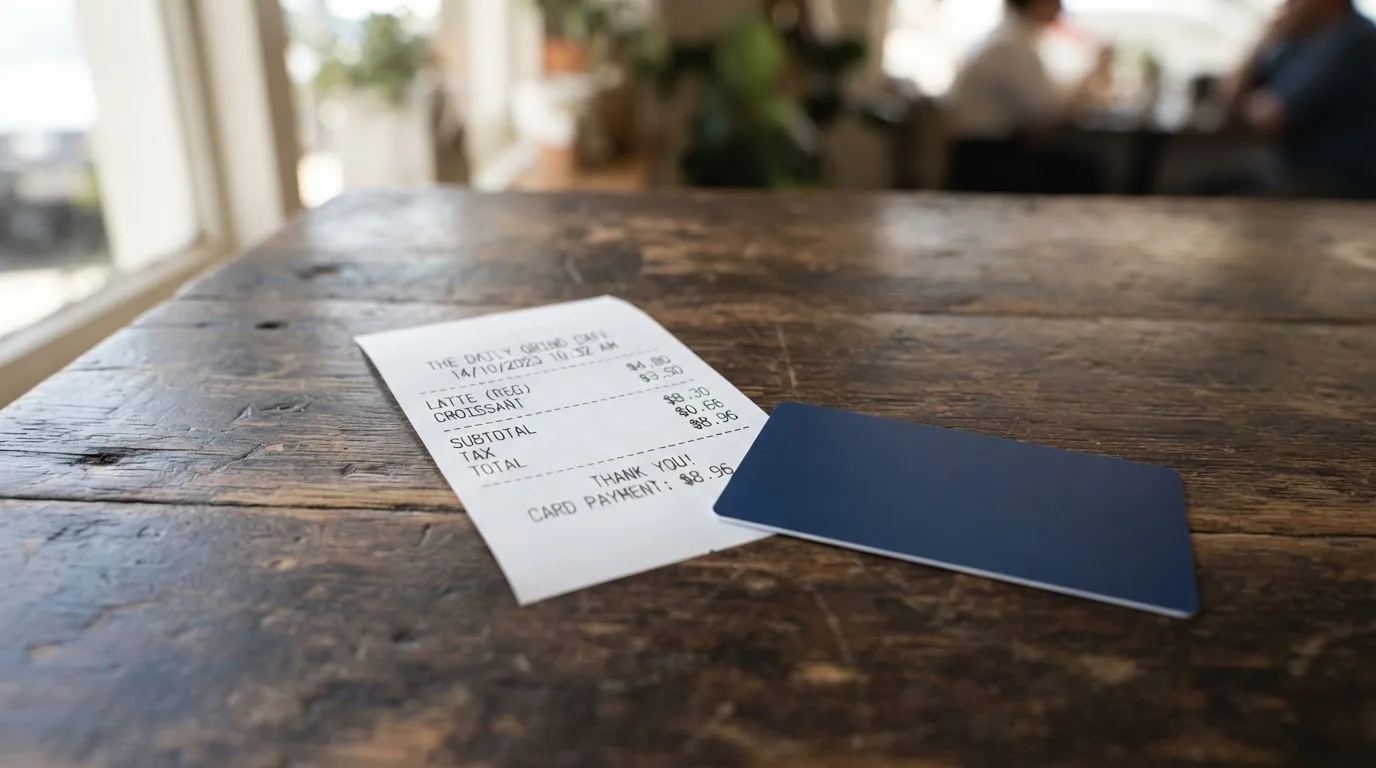 A receipt and a card on a café table