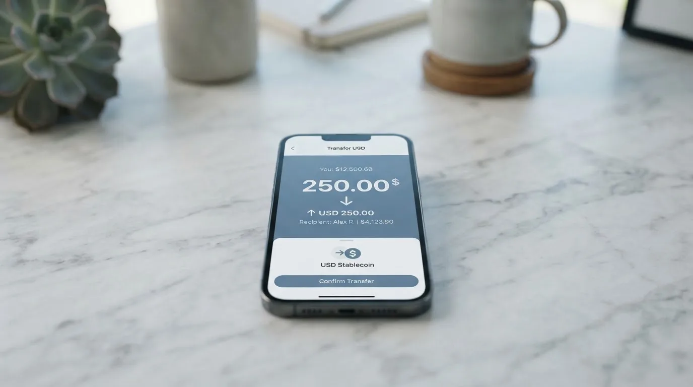 A phone showing a stablecoin transfer screen