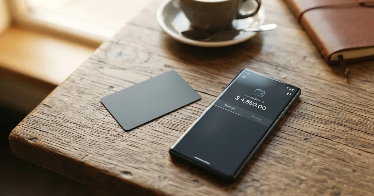 A payment card next to a phone with a crypto wallet app open