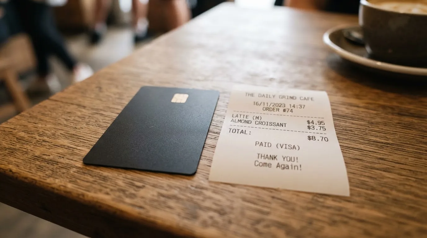 A receipt and a card on a café table