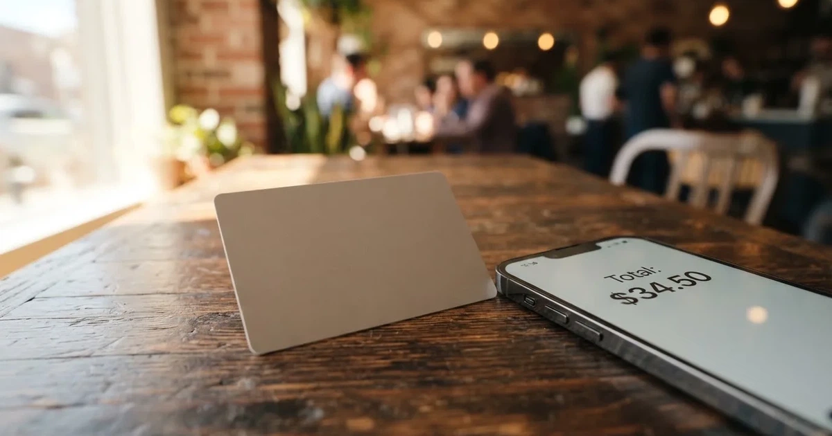 A payment card next to a phone with a crypto wallet app open