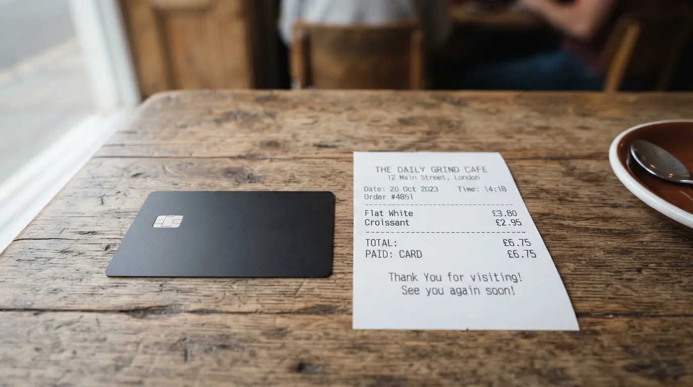 A receipt and a card on a café table