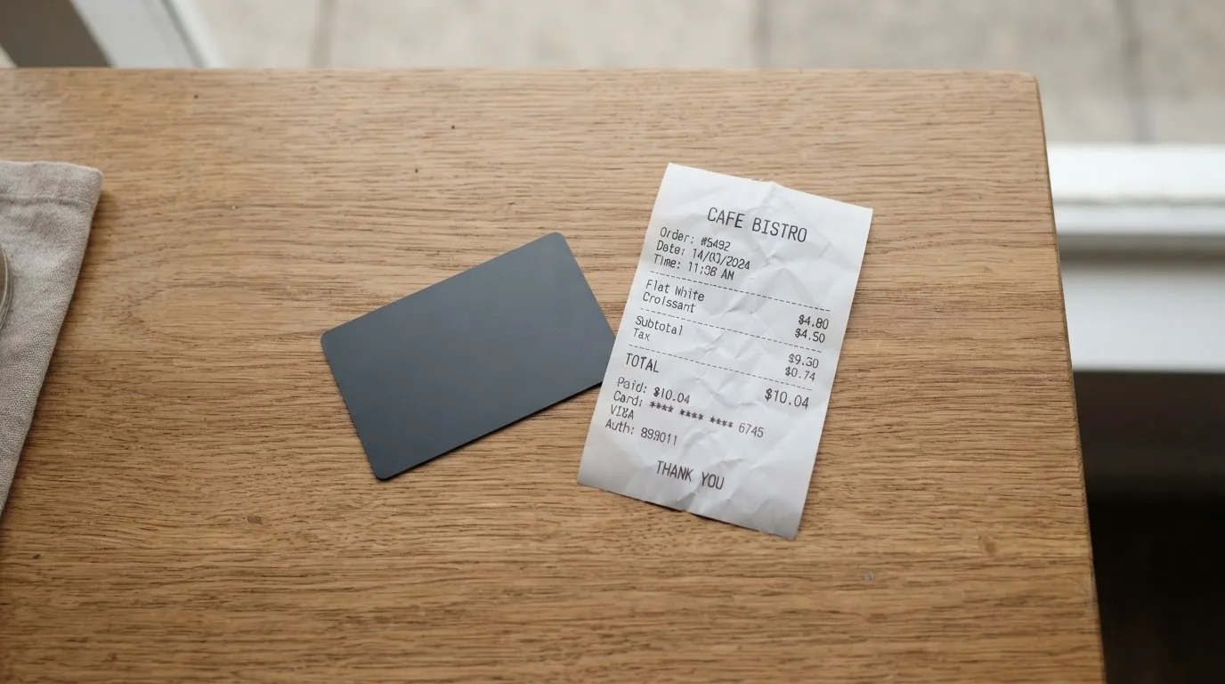 A receipt and a card on a café table