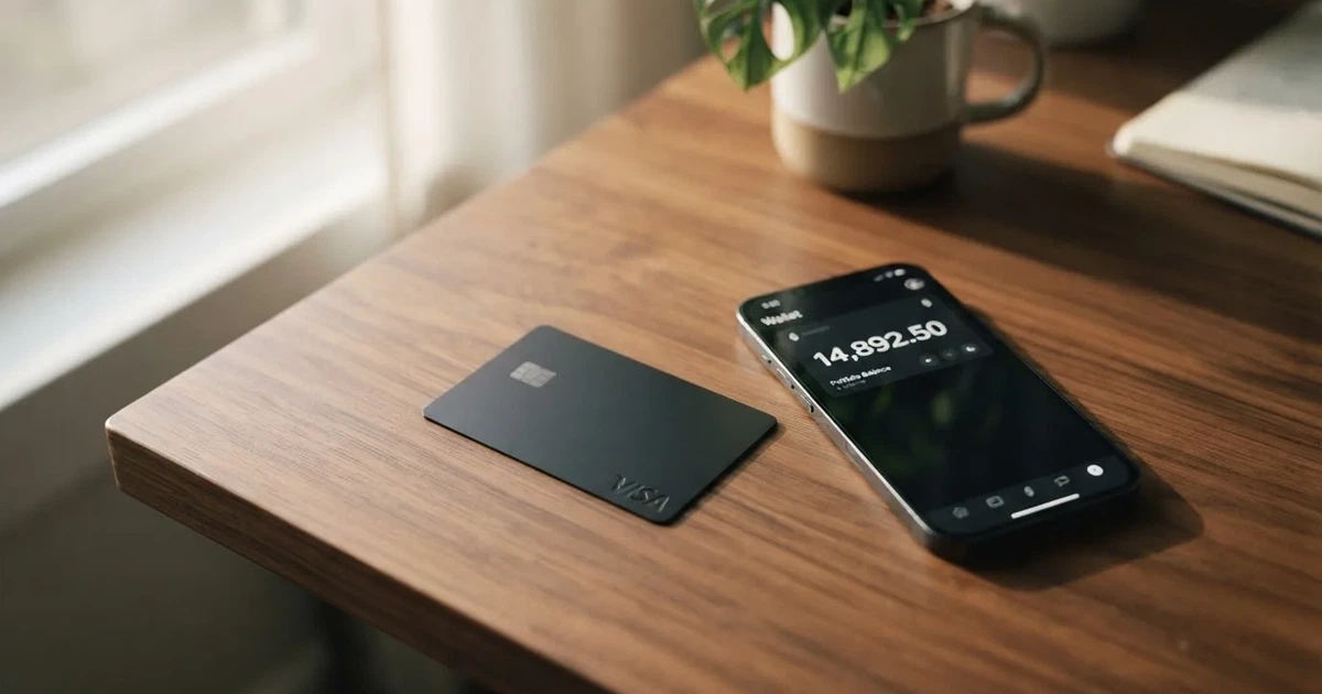 A payment card next to a phone with a crypto wallet app open