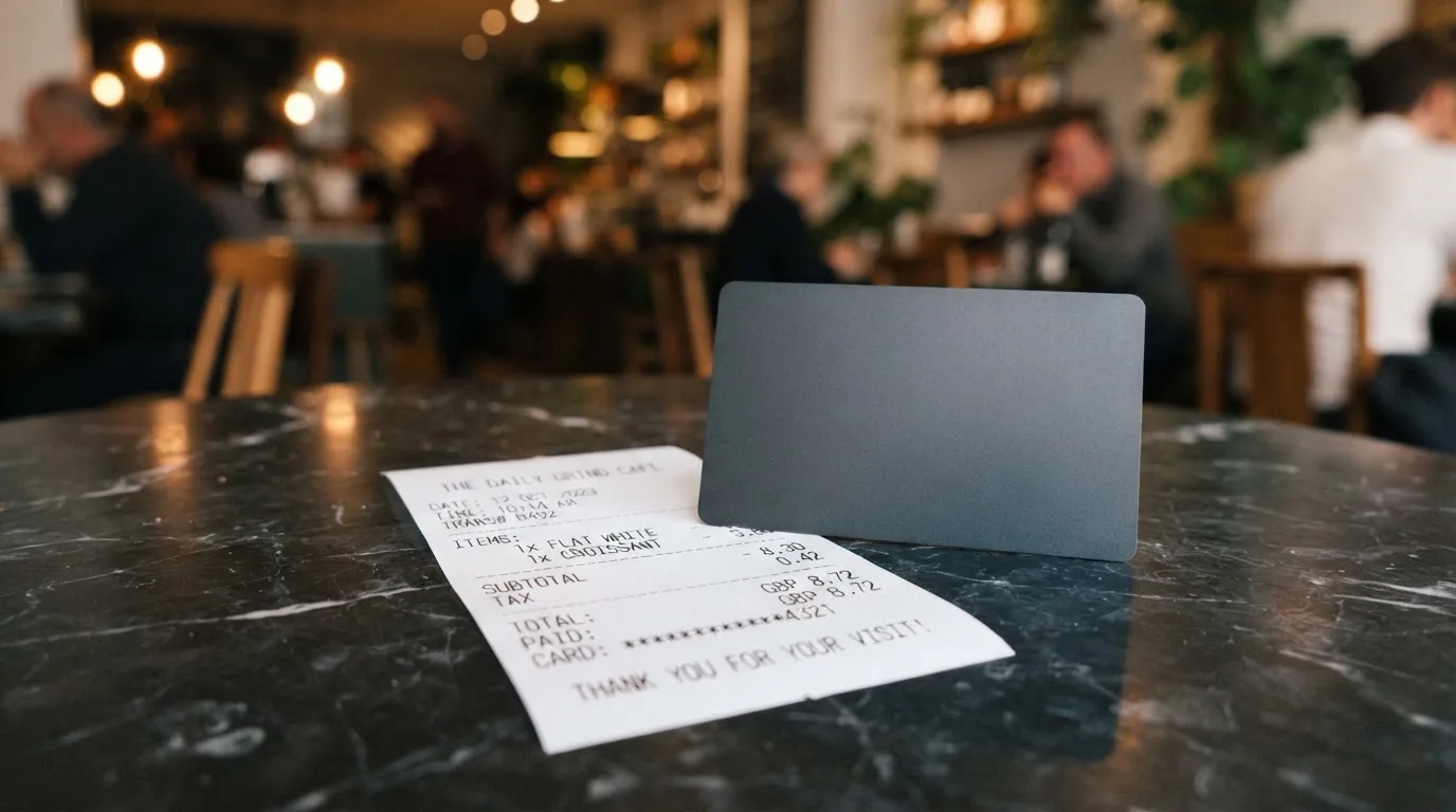 A receipt and a card on a café table