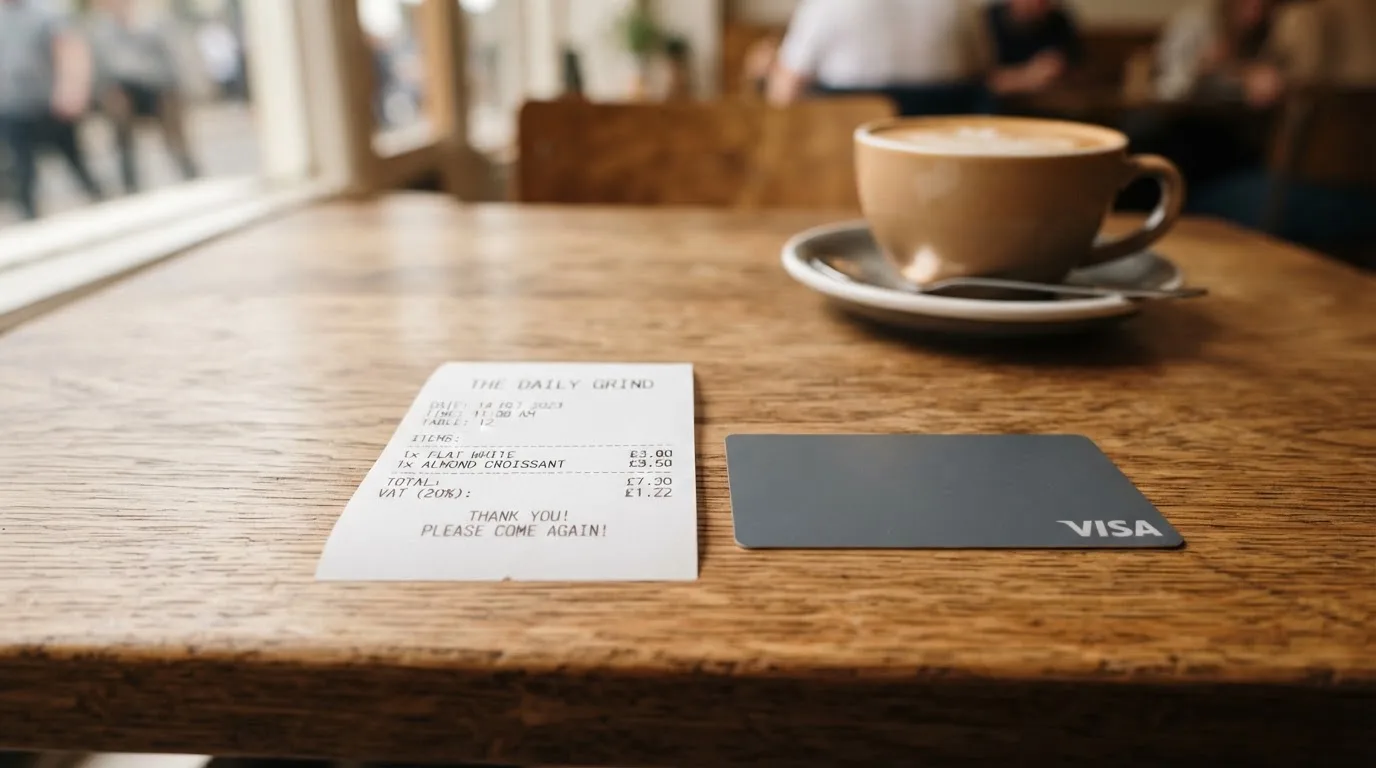 A receipt and a card on a café table