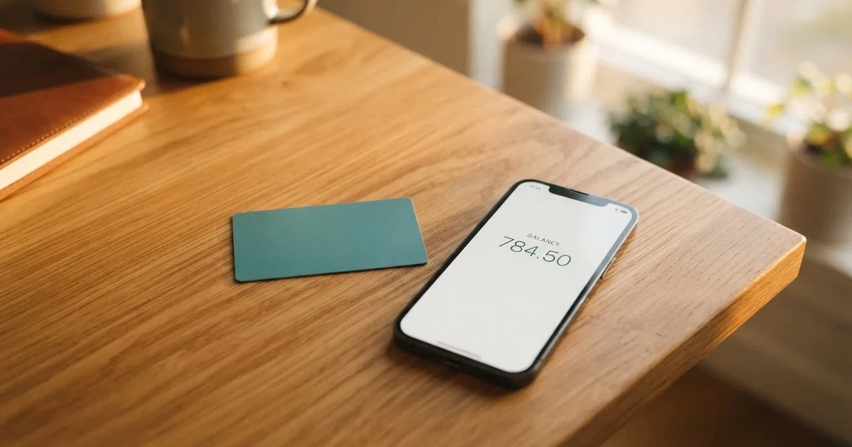 A payment card next to a phone with a crypto wallet app open