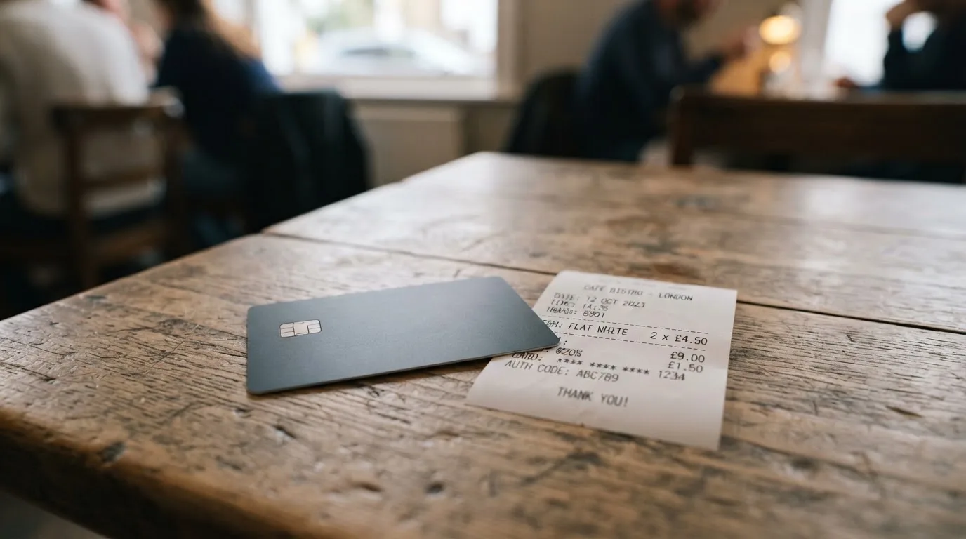 A receipt and a card on a café table