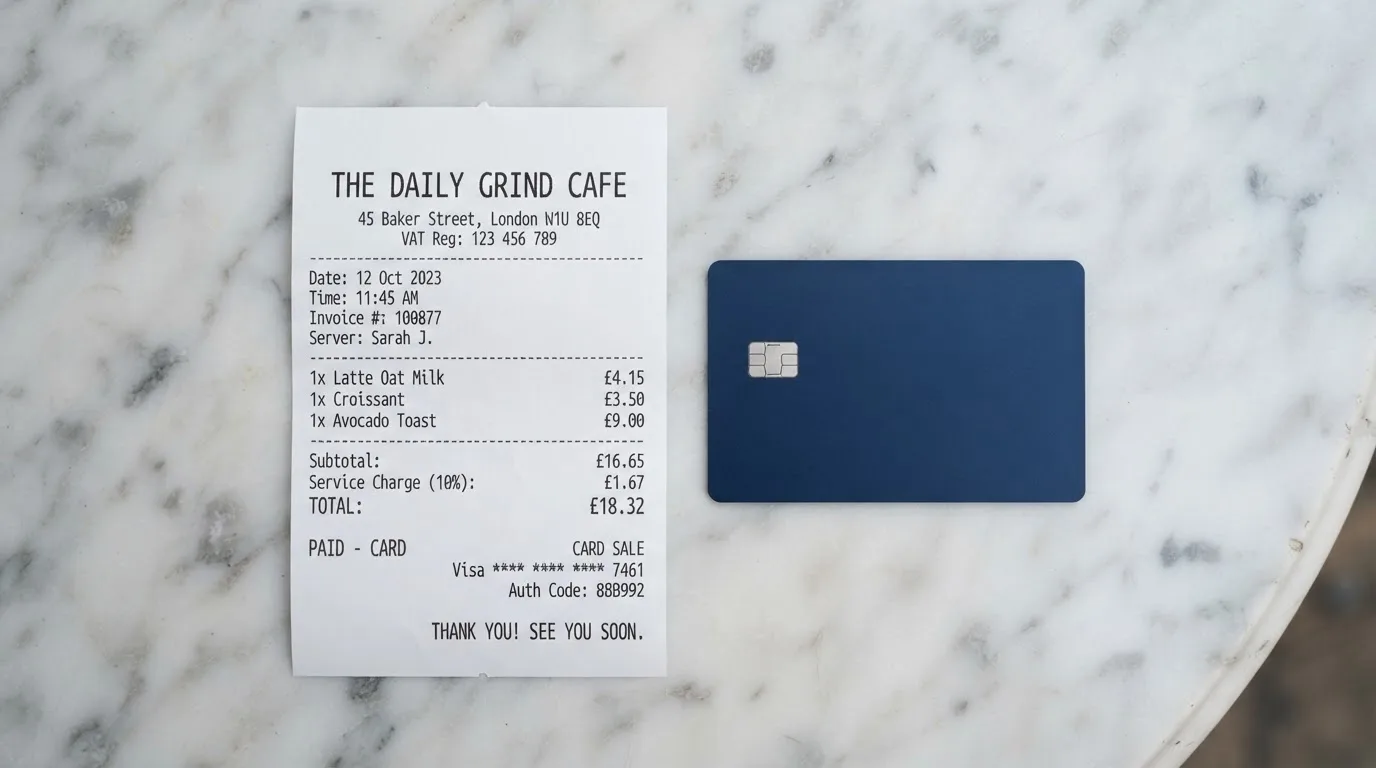 A receipt and a card on a café table