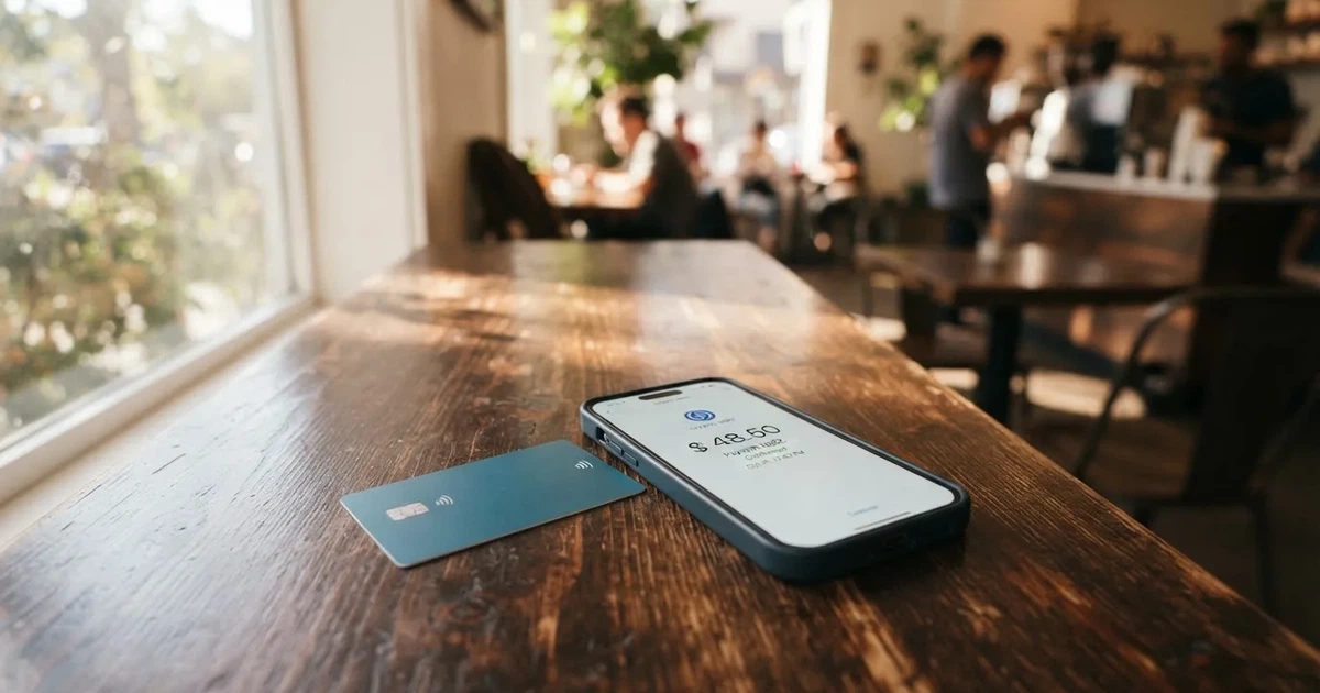 A payment card next to a phone with a crypto wallet app open