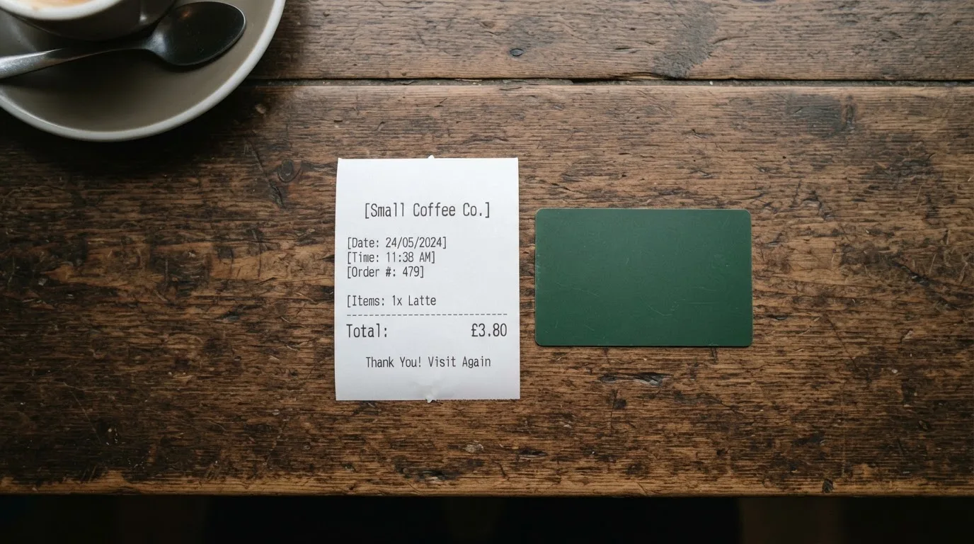 A receipt and a card on a café table