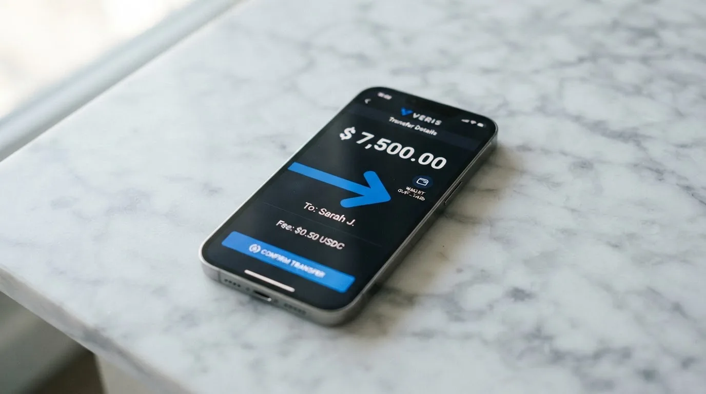 A phone showing a stablecoin transfer screen