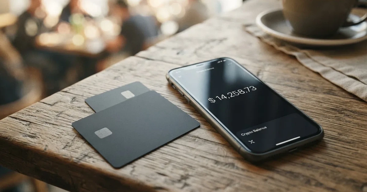 A payment card next to a phone with a crypto wallet app open