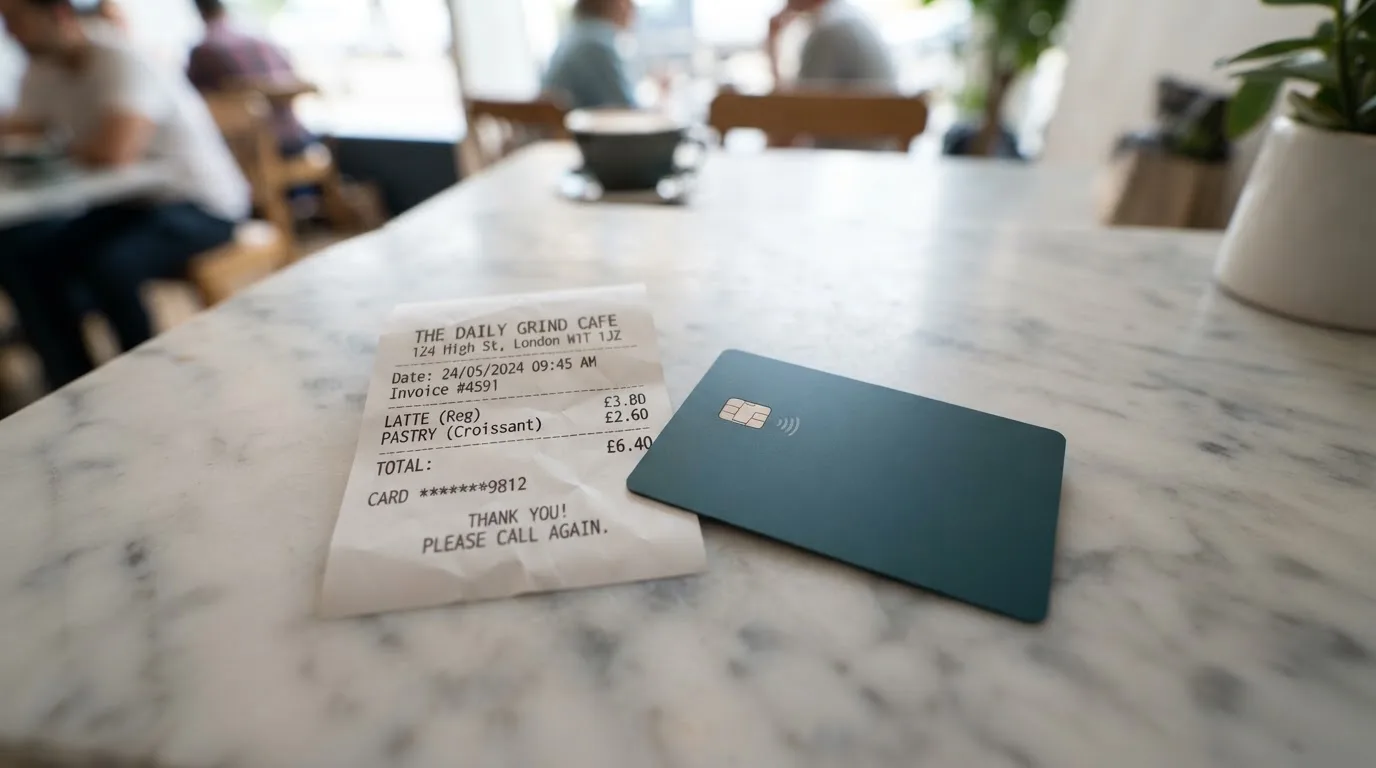 A receipt and a card on a café table