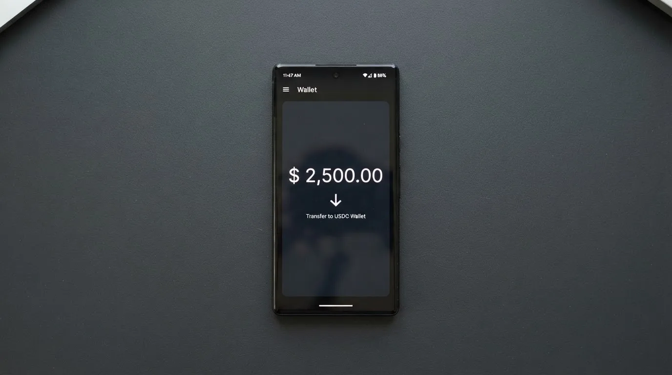 A phone showing a stablecoin transfer screen