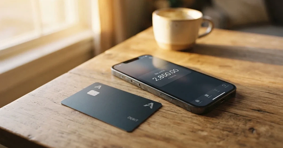 A payment card next to a phone with a crypto wallet app open