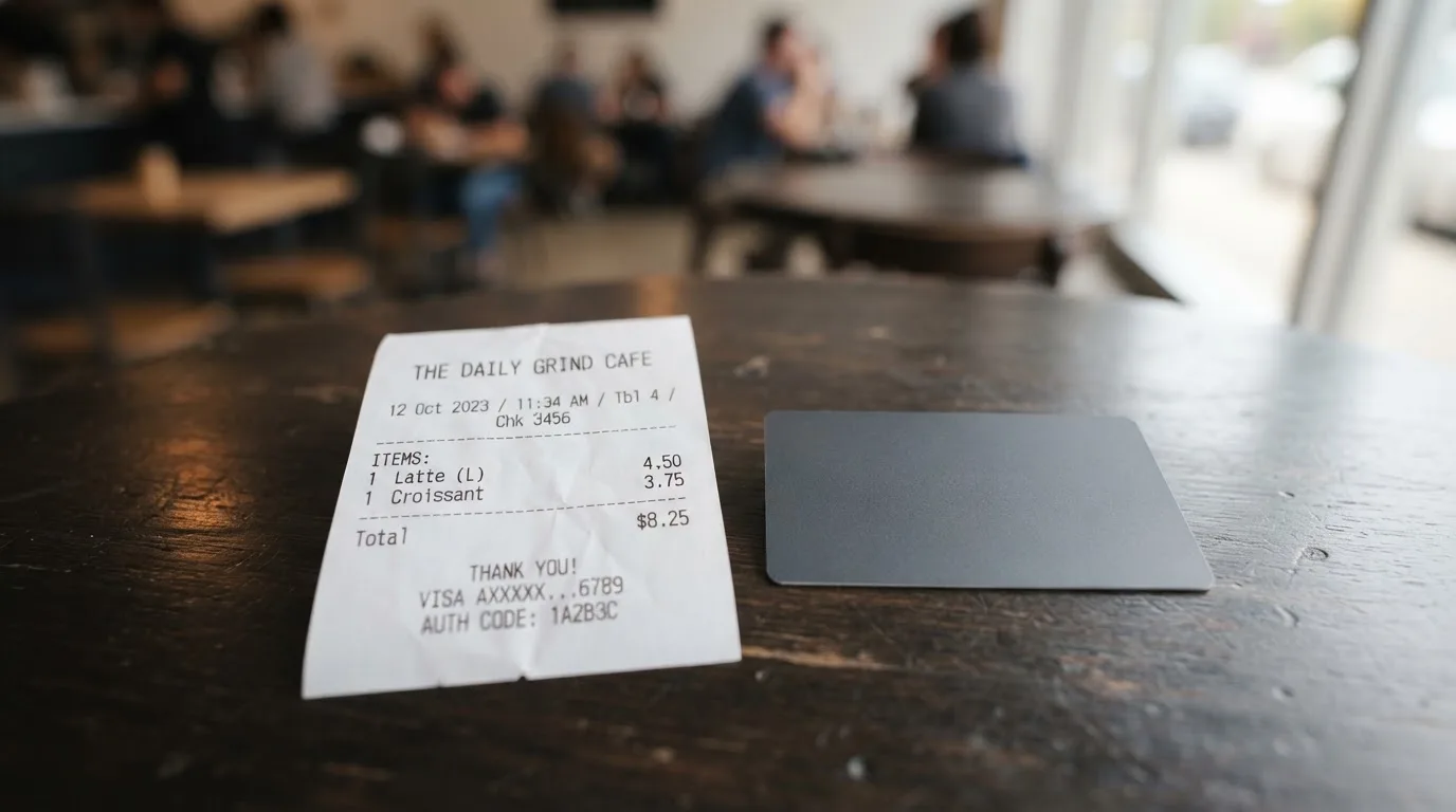 A receipt and a card on a café table