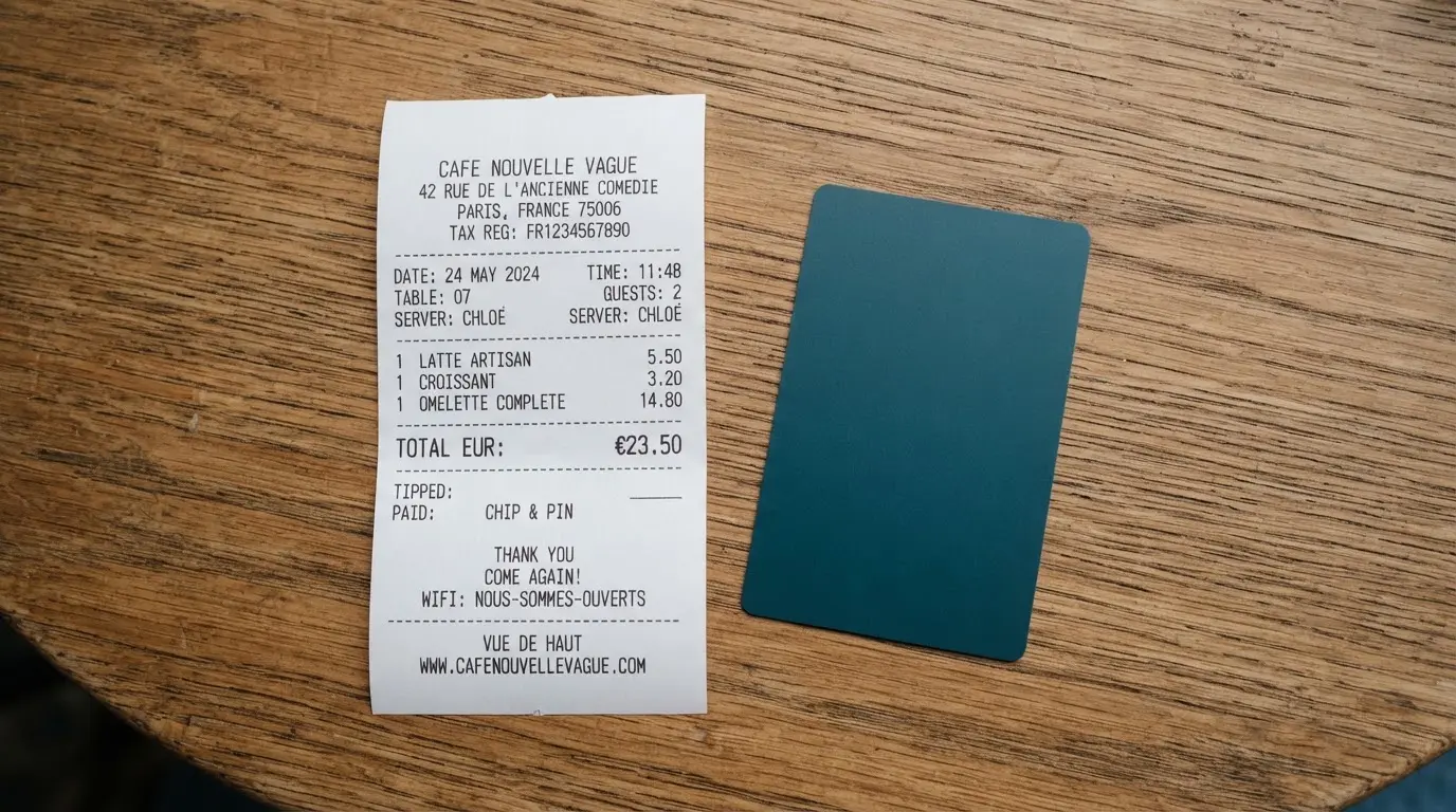 A receipt and a card on a café table
