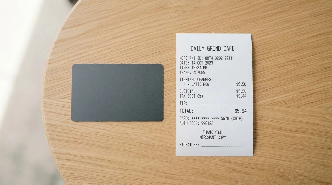 A receipt and a card on a café table
