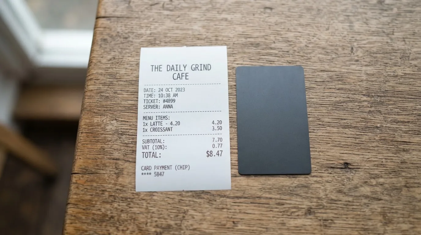 A receipt and a card on a café table