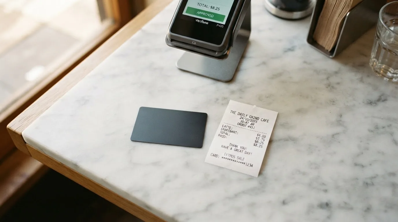 A receipt and a card on a café table