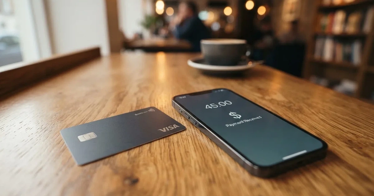 A payment card next to a phone with a crypto wallet app open