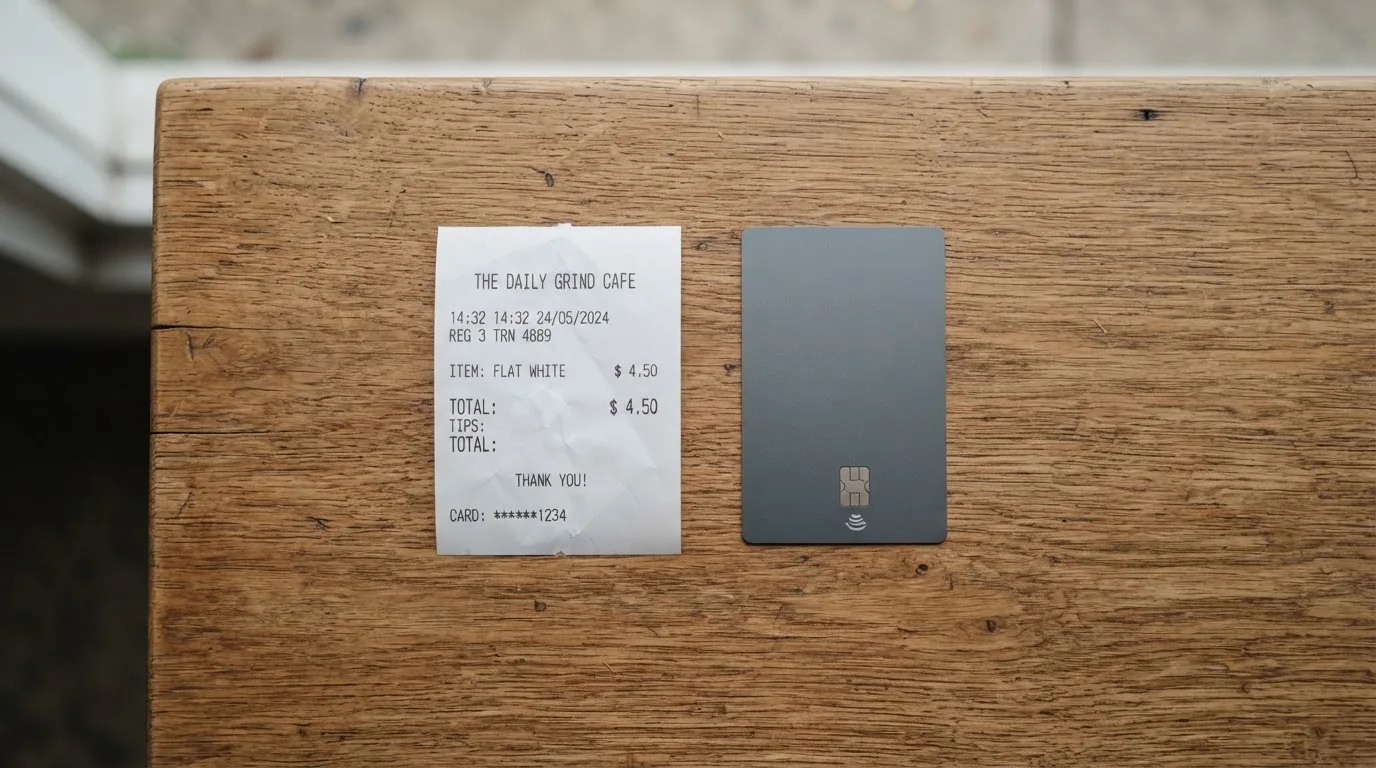 A receipt and a card on a café table