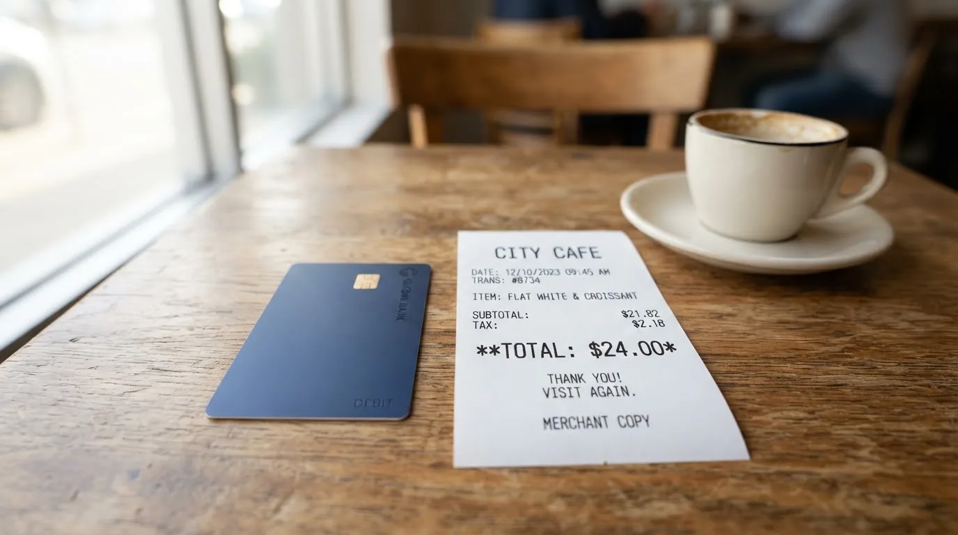 A receipt and a card on a café table